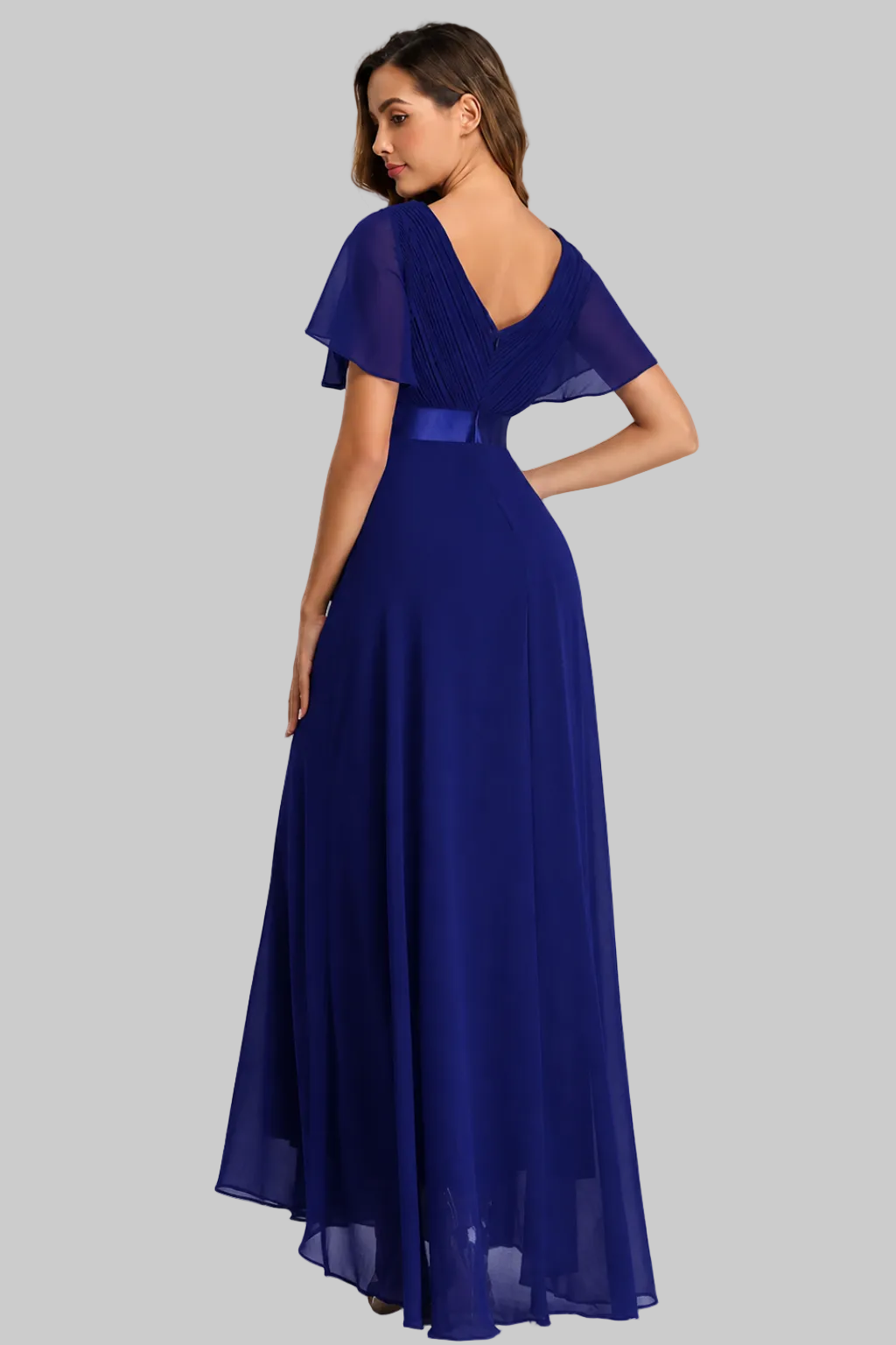 Women’s Maxi Dress Flutter Sleeve V-Neck Pleated Chiffon Gown