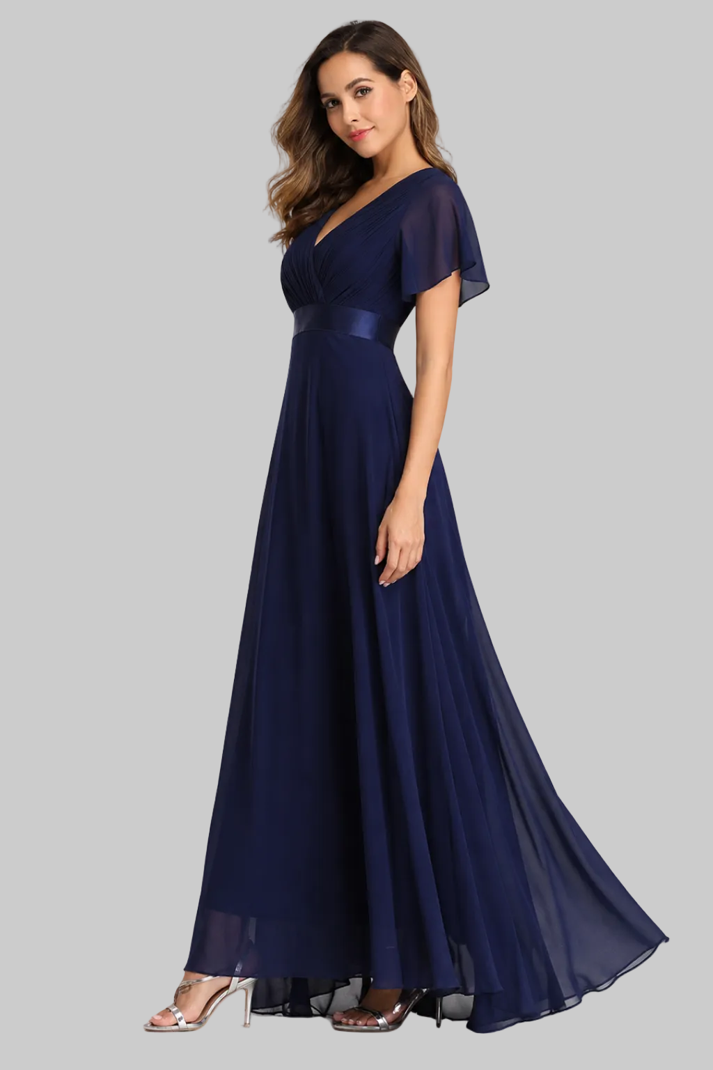 Women’s Maxi Dress Flutter Sleeve V-Neck Pleated Chiffon Gown