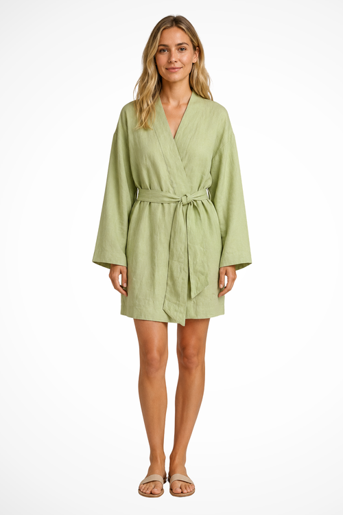 Women Tie Waist Linen Kimono Wrap Midi Dress
