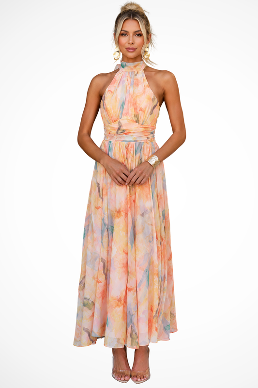 Women's Halter Neck Floral Print Wedding Guest Chiffon Maxi Dress