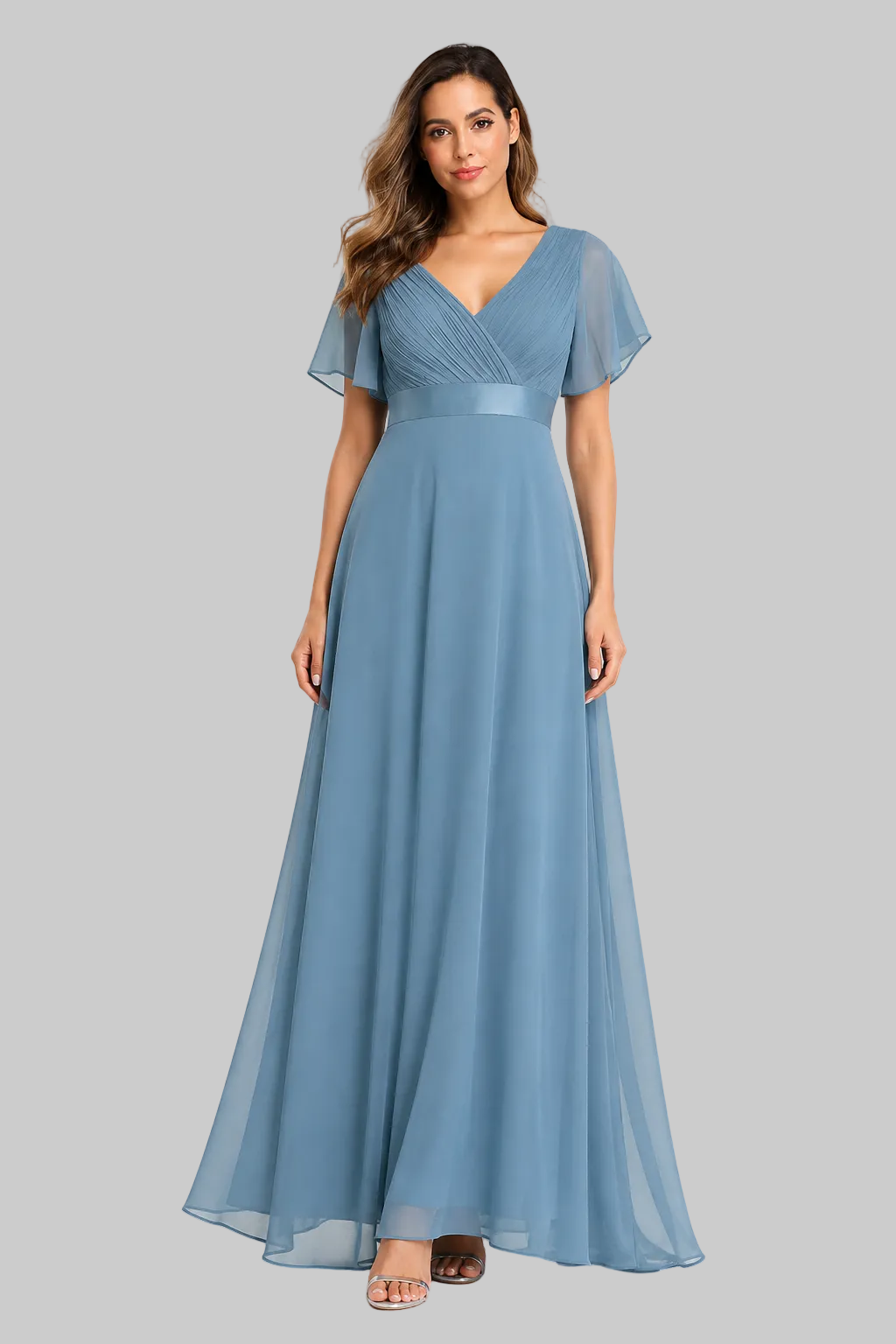 Women’s Maxi Dress Flutter Sleeve V-Neck Pleated Chiffon Gown