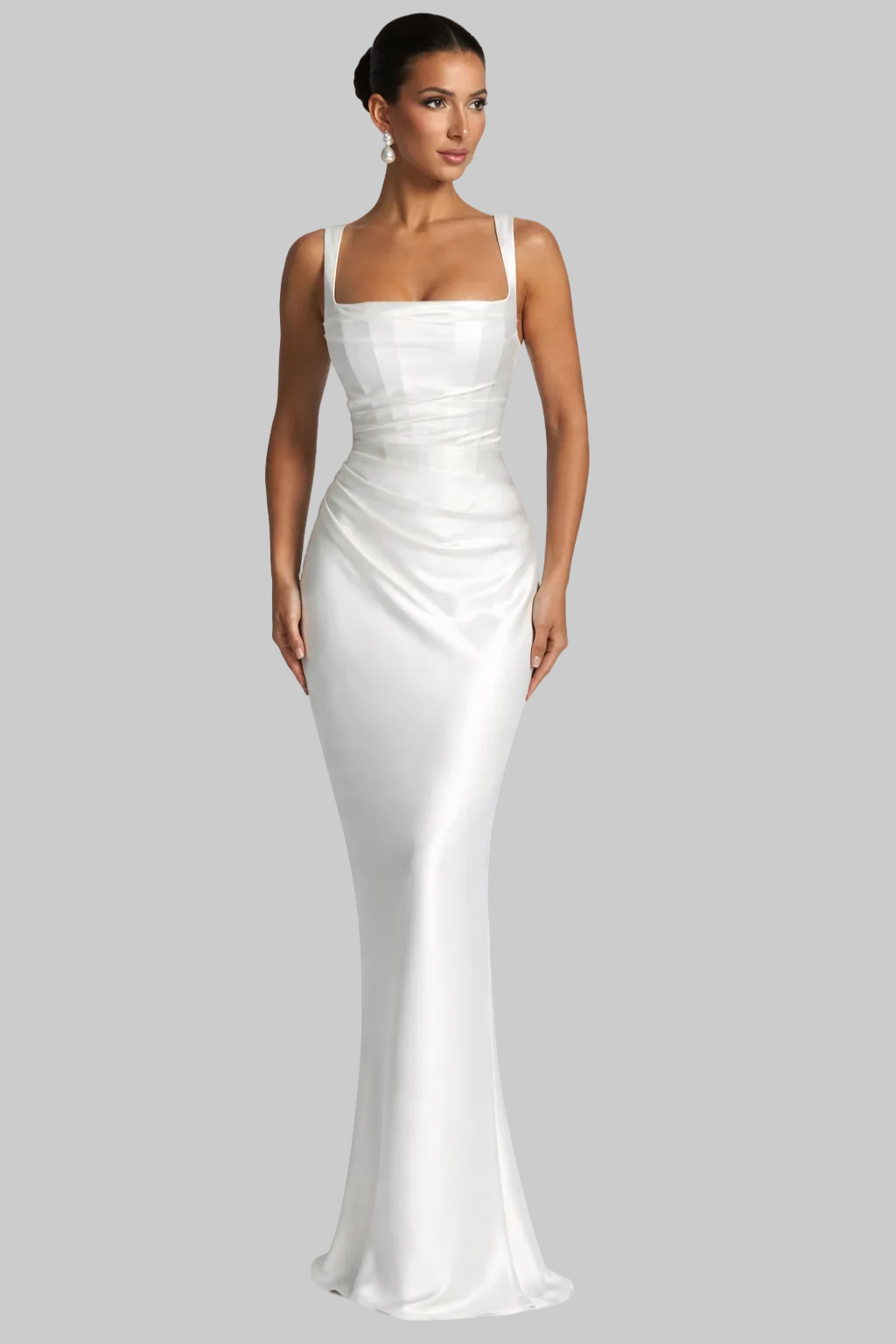 Women’s Maxi Dress with Attached Chiffon Neck Scarf and Ruched Satin Bodice