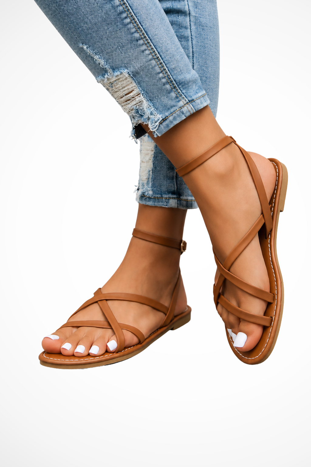 Women's Orthopedic Cross Strap Ankle Tie Leather Sandals