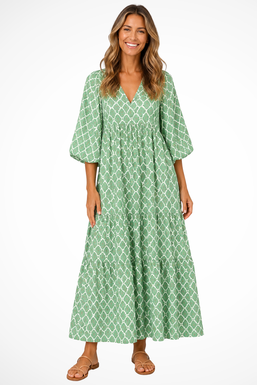 Women V Neck Boho Tiered Maxi Summer Dress
