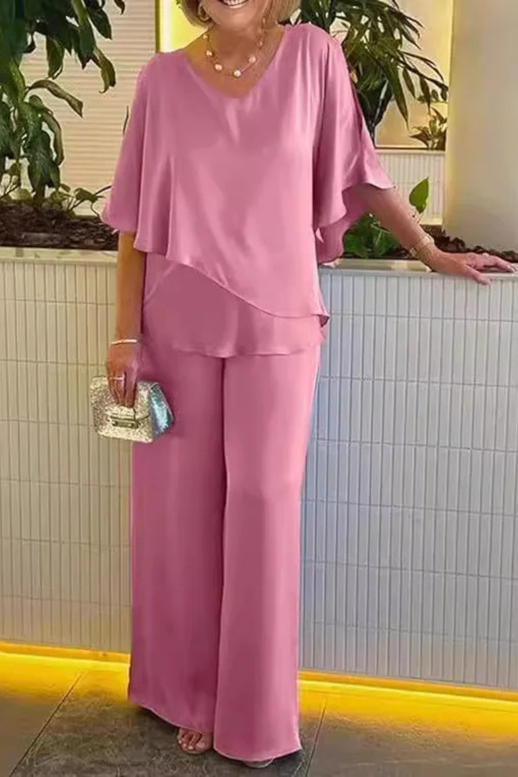 Women’s Two-Piece Set with Asymmetric Tiered Top and Wide-Leg Trousers
