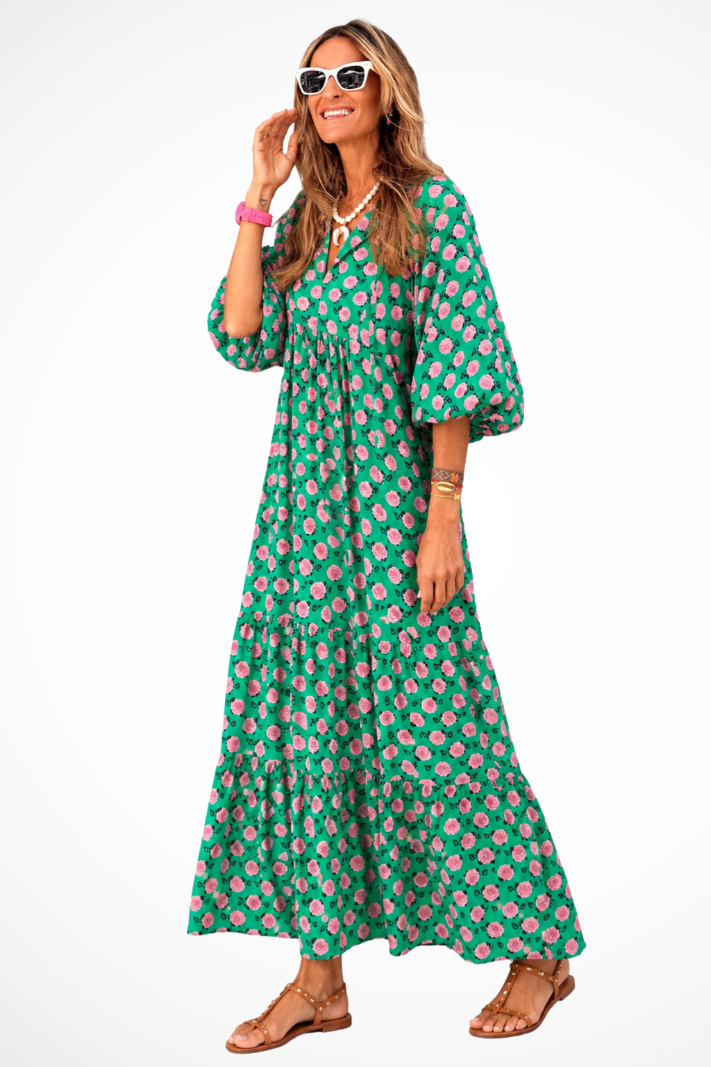 Women V Neck Boho Tiered Maxi Summer Dress