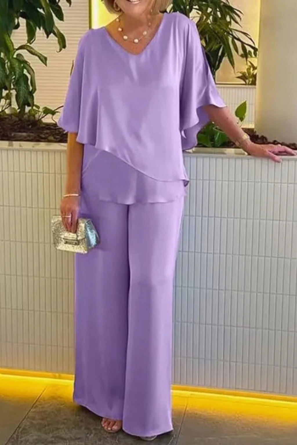 Women’s Two-Piece Set with Asymmetric Tiered Top and Wide-Leg Trousers