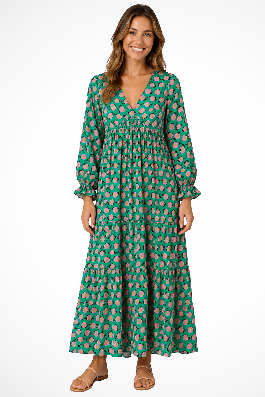Women V Neck Boho Tiered Maxi Summer Dress