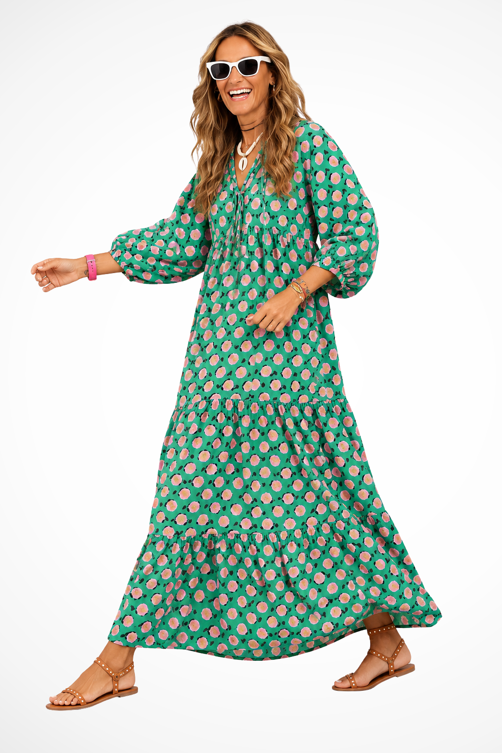 Women V Neck Boho Tiered Maxi Summer Dress