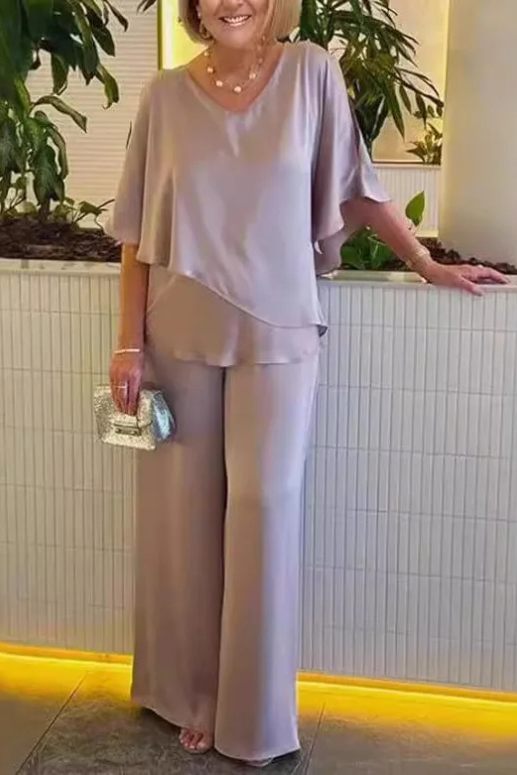 Women’s Two-Piece Set with Asymmetric Tiered Top and Wide-Leg Trousers
