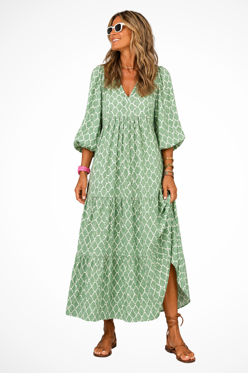 Women V Neck Boho Tiered Maxi Summer Dress