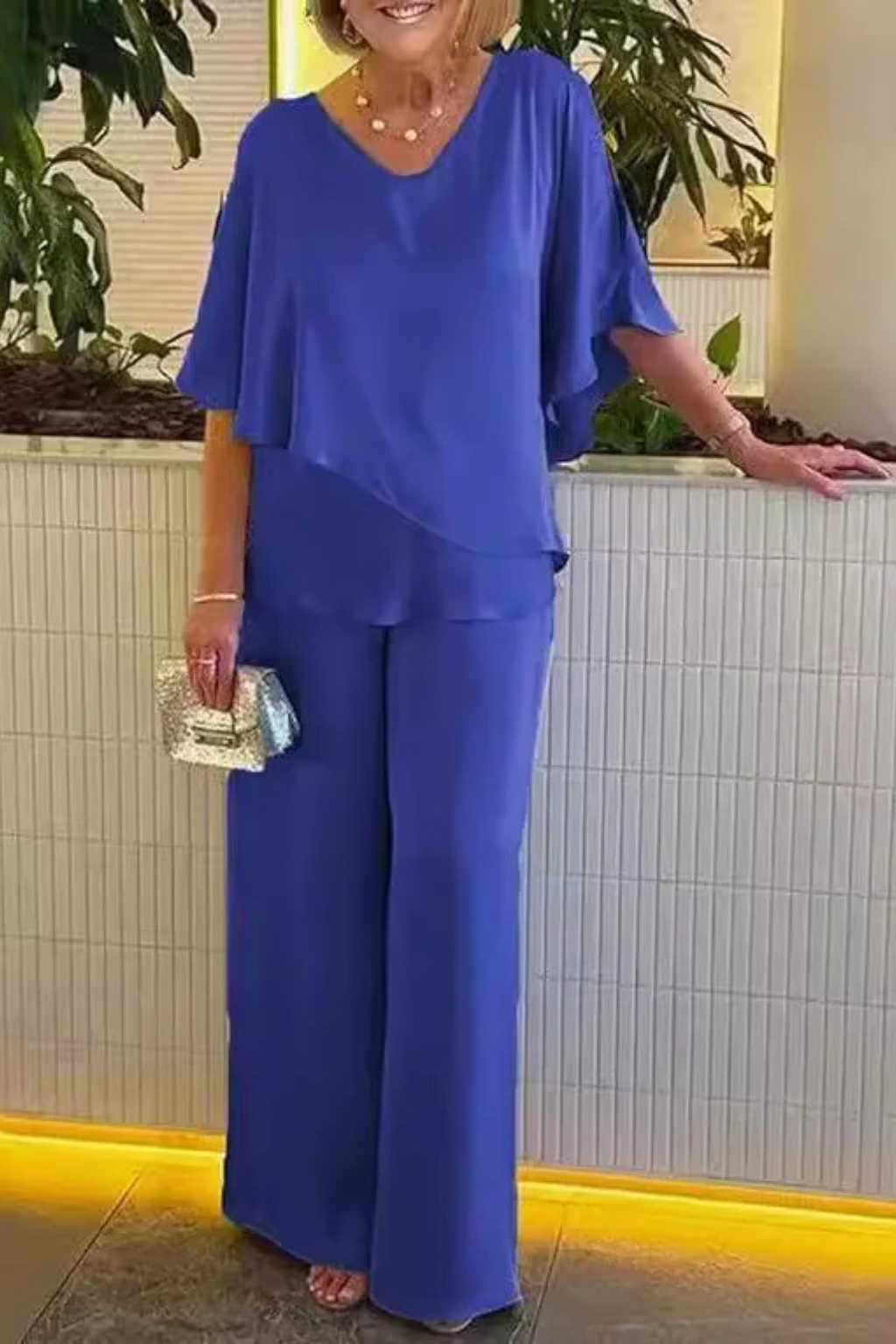 Women’s Two-Piece Set with Asymmetric Tiered Top and Wide-Leg Trousers