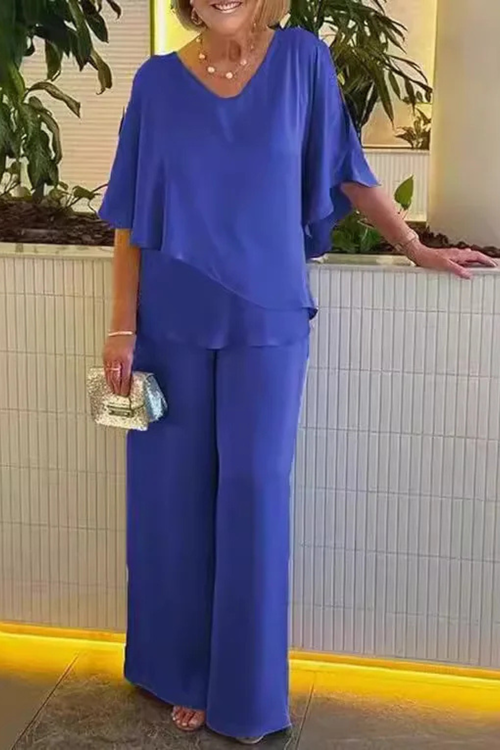 Women’s Two-Piece Set with Asymmetric Tiered Top and Wide-Leg Trousers