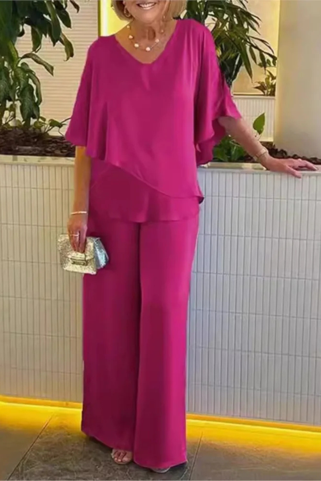 Women’s Two-Piece Set with Asymmetric Tiered Top and Wide-Leg Trousers