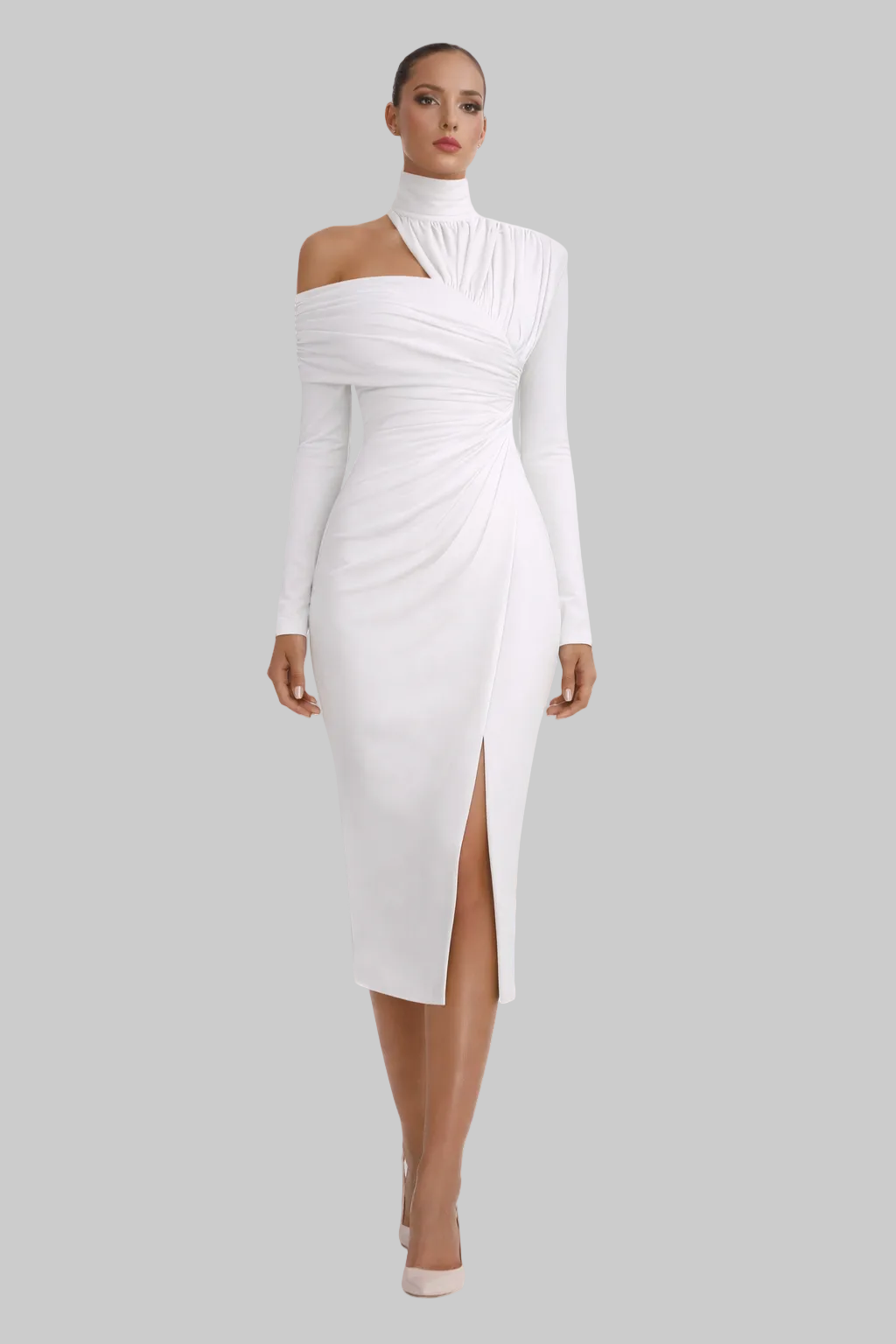 Women’s Midi Dress with High Mock Neckline and Asymmetric One-Shoulder Drape