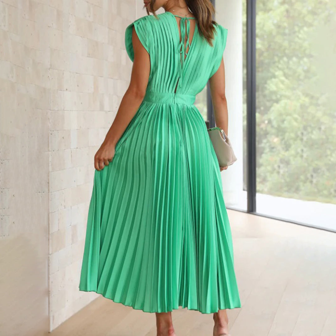 Women’s Pleated Midi Dress Deep V-Neck Cap Sleeve Wedding Guest Gown