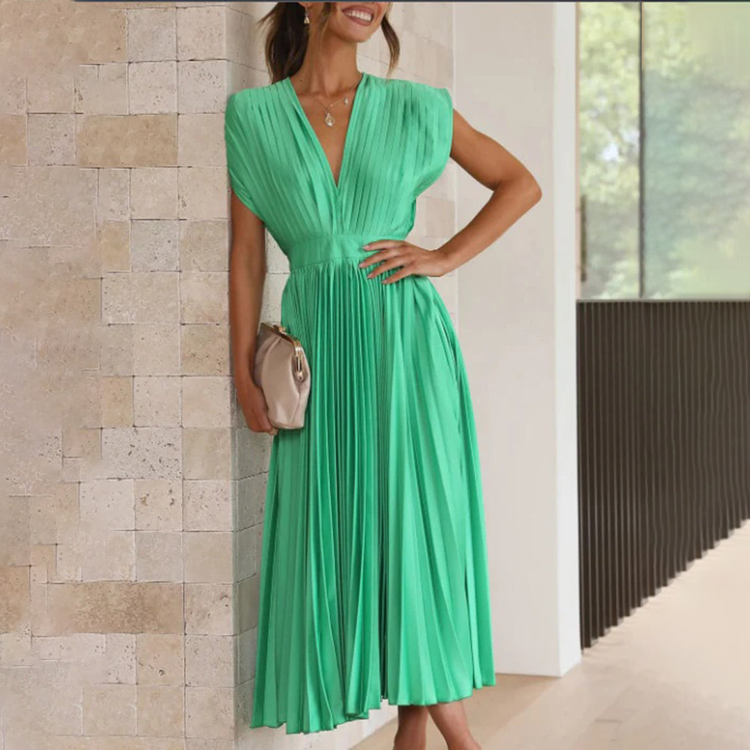 Women’s Pleated Midi Dress Deep V-Neck Cap Sleeve Wedding Guest Gown
