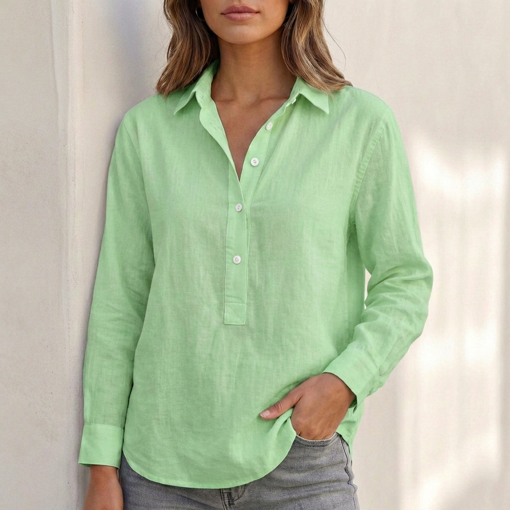 Women’s Popover Blouse with Point Collar and Partial Button Placket