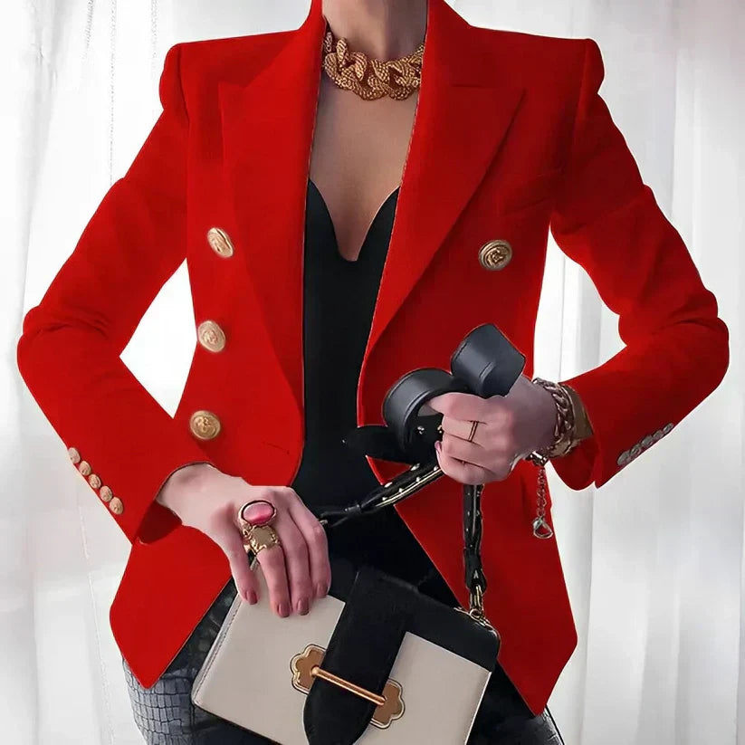 Women’s Double-Breasted Blazer with Gold Buttons and Tailored Peak Lapel