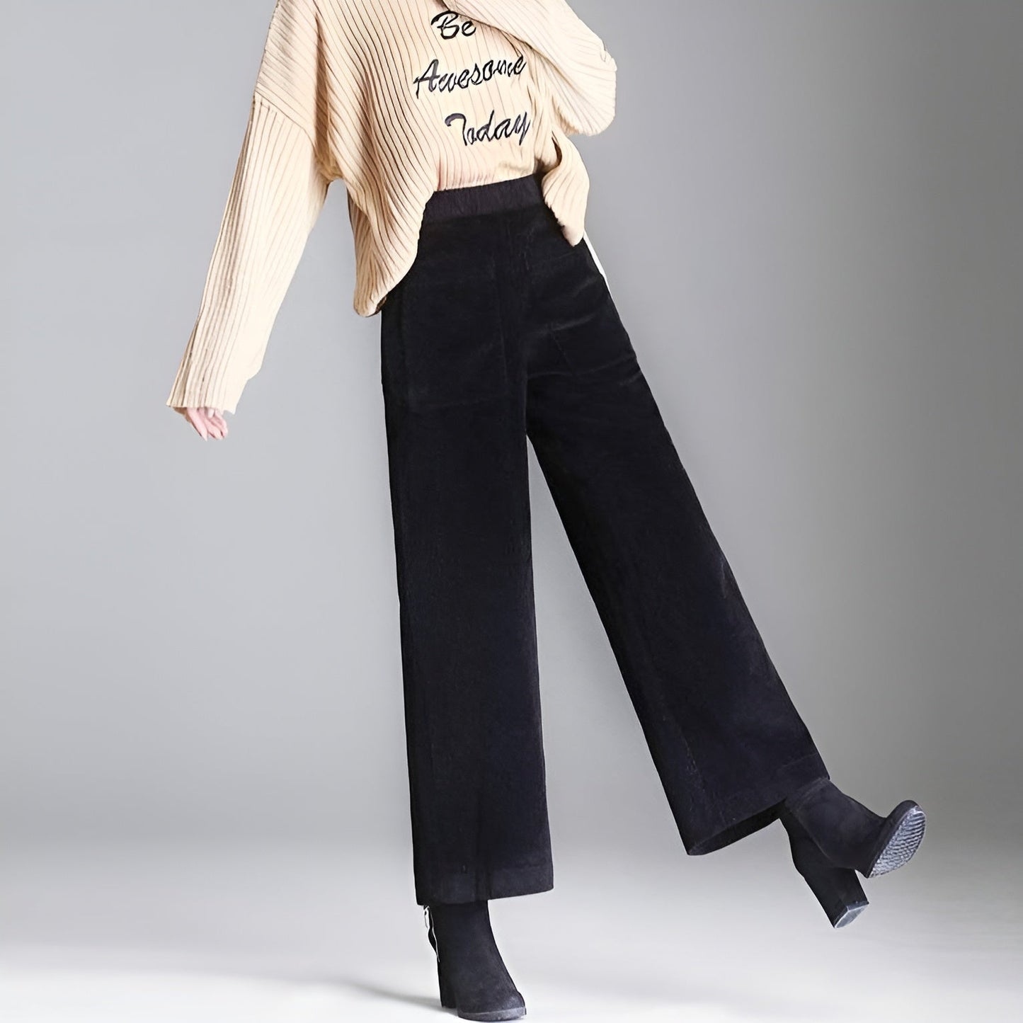 Ceylan Women's Wide Leg Corduroy Trousers Elastic Fit