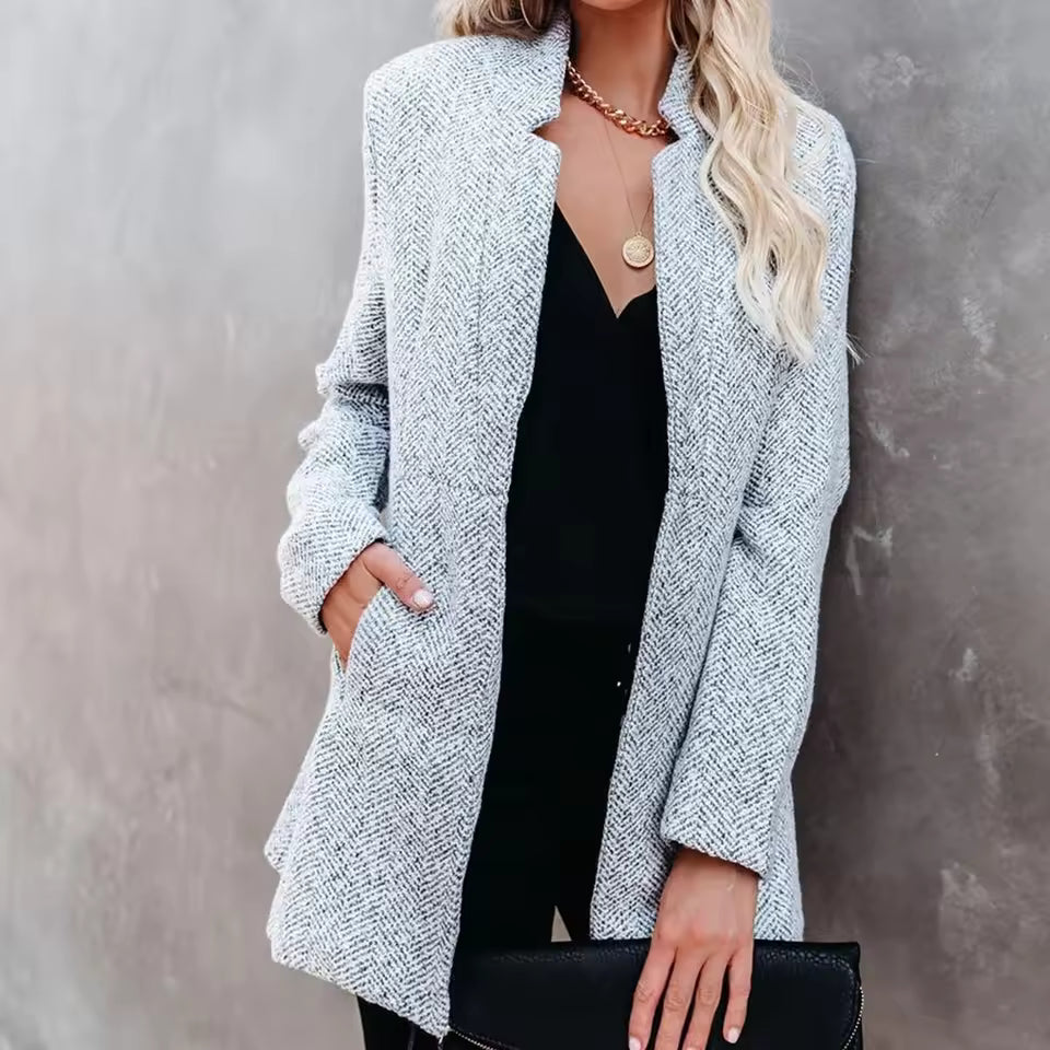 Ceylan Women’s Herringbone Textured Blazer Collarless Open Front Coat