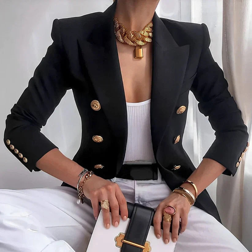 Women’s Double-Breasted Blazer with Gold Buttons and Tailored Peak Lapel
