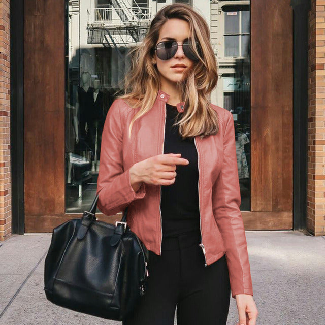 Women's Biker Jacket with Stand Collar and Zip Front