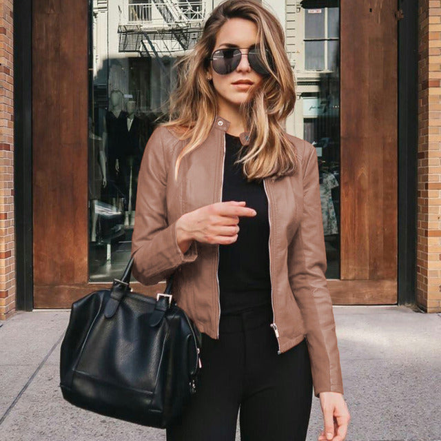 Women's Biker Jacket with Stand Collar and Zip Front