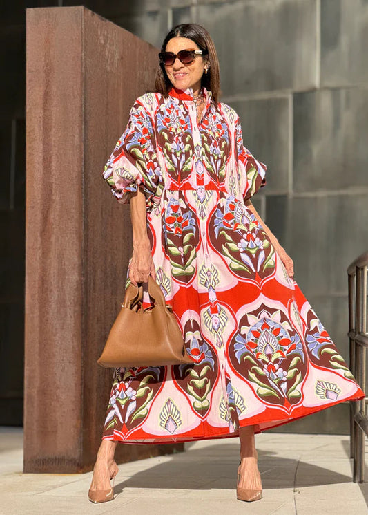 Women’s Midi Shirt Dress with Artisanal Damask Print and Puff Lantern Sleeves