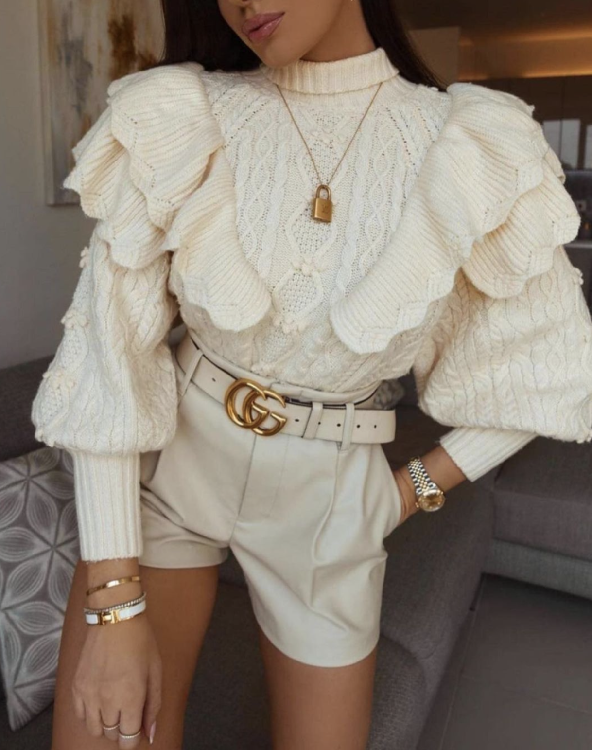 Ceylan Women’s Ruffle Cable Knit Sweater Statement Sleeve