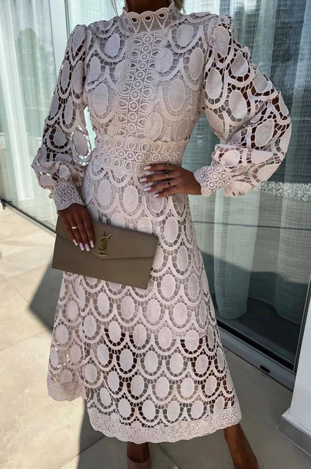 Women’s Midi Lace Dress with High Neck and Puff Bishop Sleeves