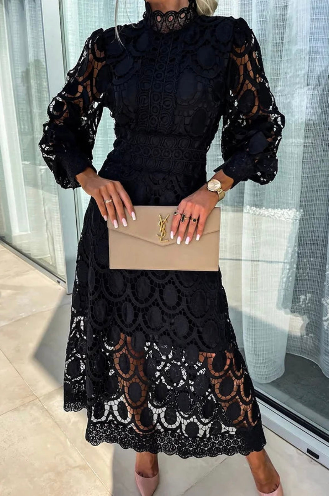 Women’s Midi Lace Dress with High Neck and Puff Bishop Sleeves