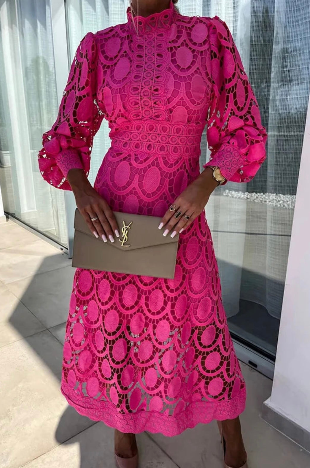 Women’s Midi Lace Dress with High Neck and Puff Bishop Sleeves