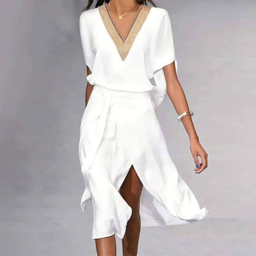 Women’s Midi Dress with Gold Embroidered V-Neck and Asymmetric Wrap Hem