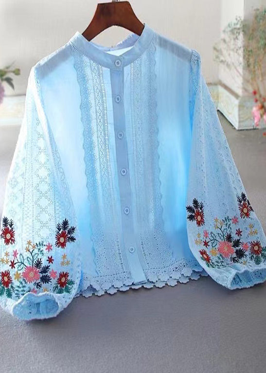 Women¡¯s Embroidered Lace Patchwork Blouse with Floral Puff Sleeves