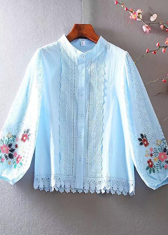 Women¡¯s Embroidered Lace Patchwork Blouse with Floral Puff Sleeves