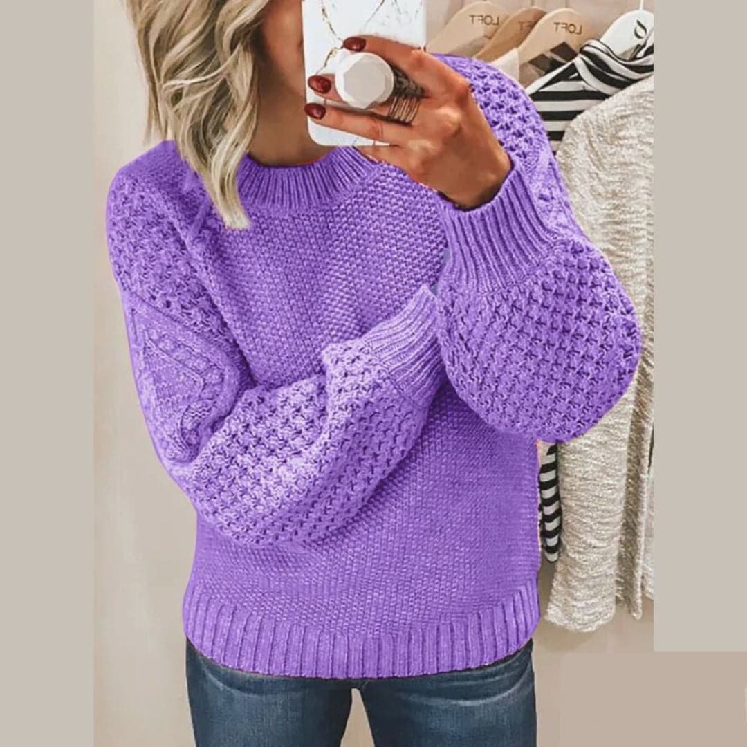 Women's Cable-Knit Balloon Sleeve Jumper with Ribbed Hem