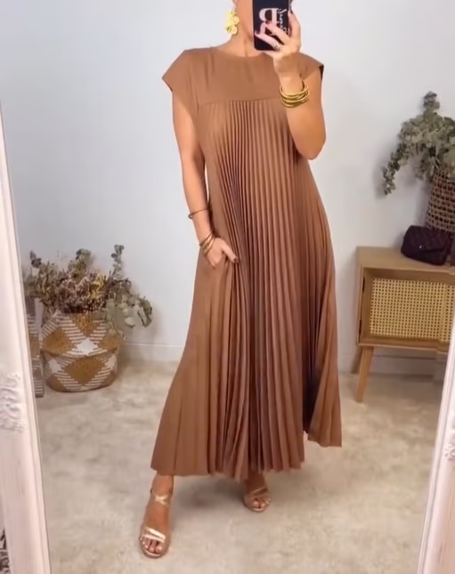 Women's Pleated Maxi Dress with Extended Cap Sleeves and Relaxed Empire Waist