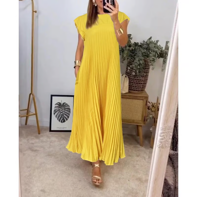 Women's Pleated Maxi Dress with Extended Cap Sleeves and Relaxed Empire Waist