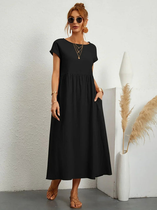 Women¡¯s Cotton Linen Smock Midi Dress with Pockets