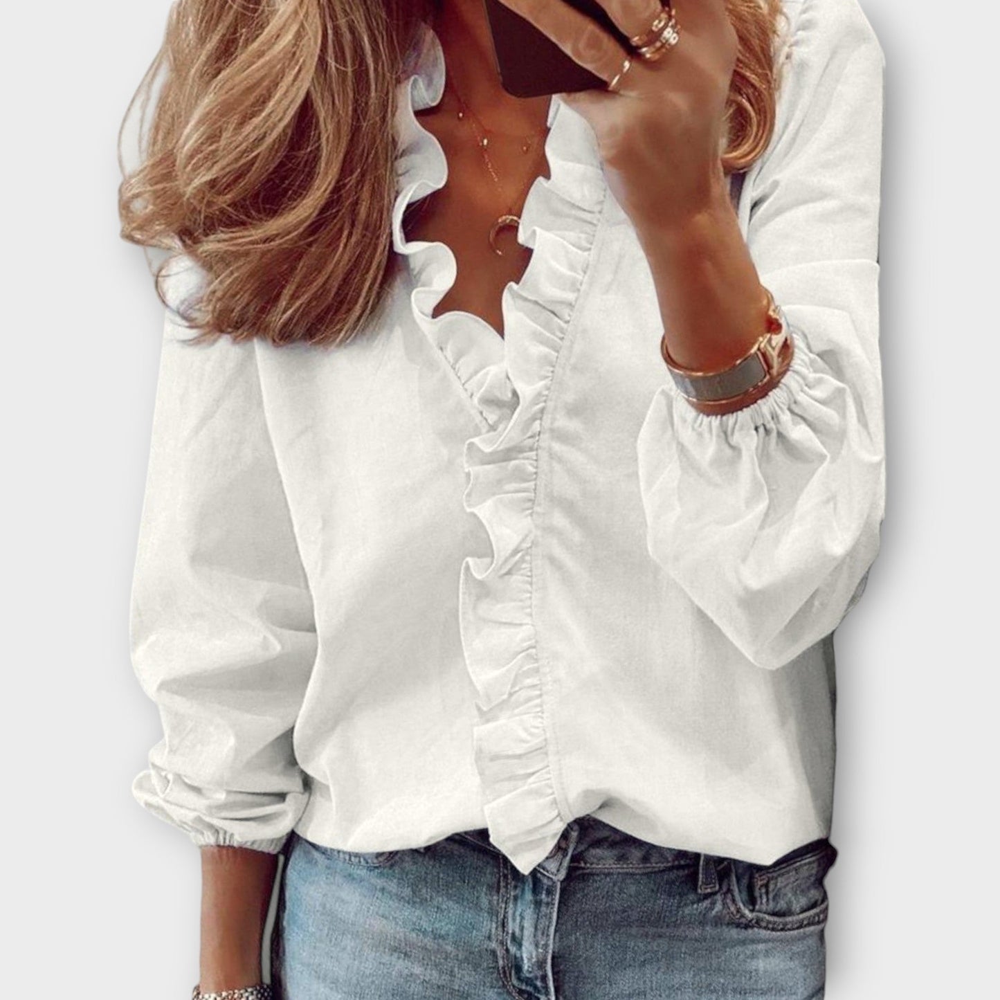Women’s Blouse with Ruffle Front Trim and Elasticated Lantern Sleeves
