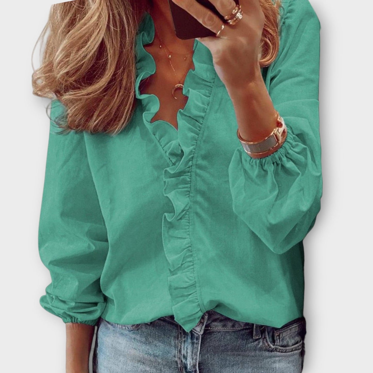 Women’s Blouse with Ruffle Front Trim and Elasticated Lantern Sleeves