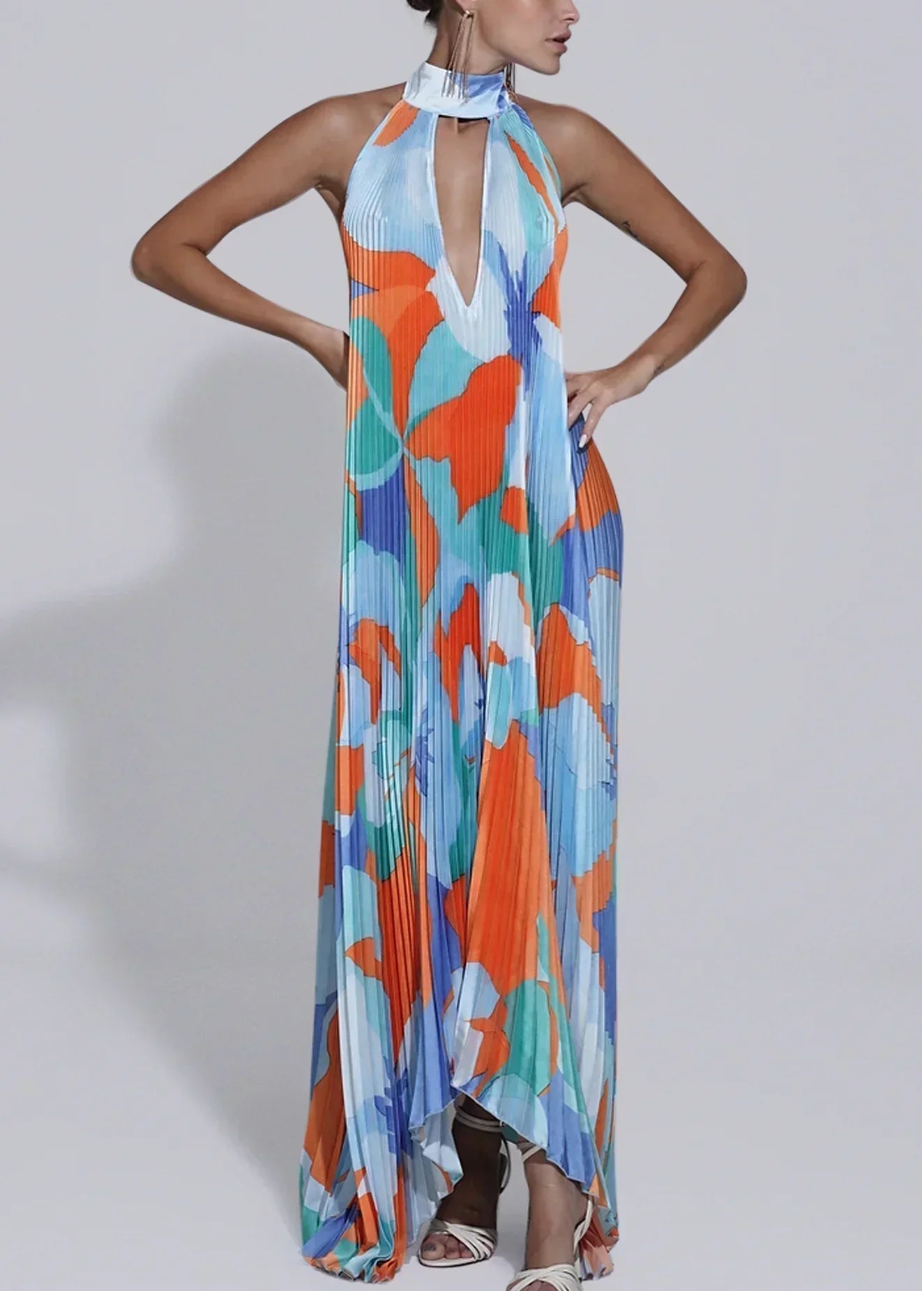Women’s Maxi Dress with Pleated Halterneck and Asymmetric Handkerchief Hem