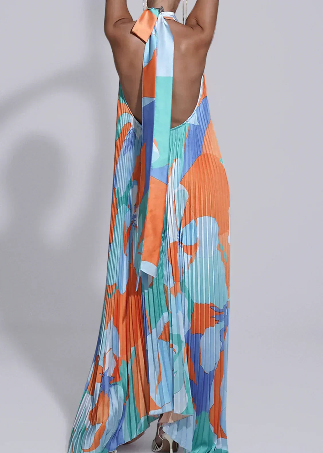Women’s Maxi Dress with Pleated Halterneck and Asymmetric Handkerchief Hem