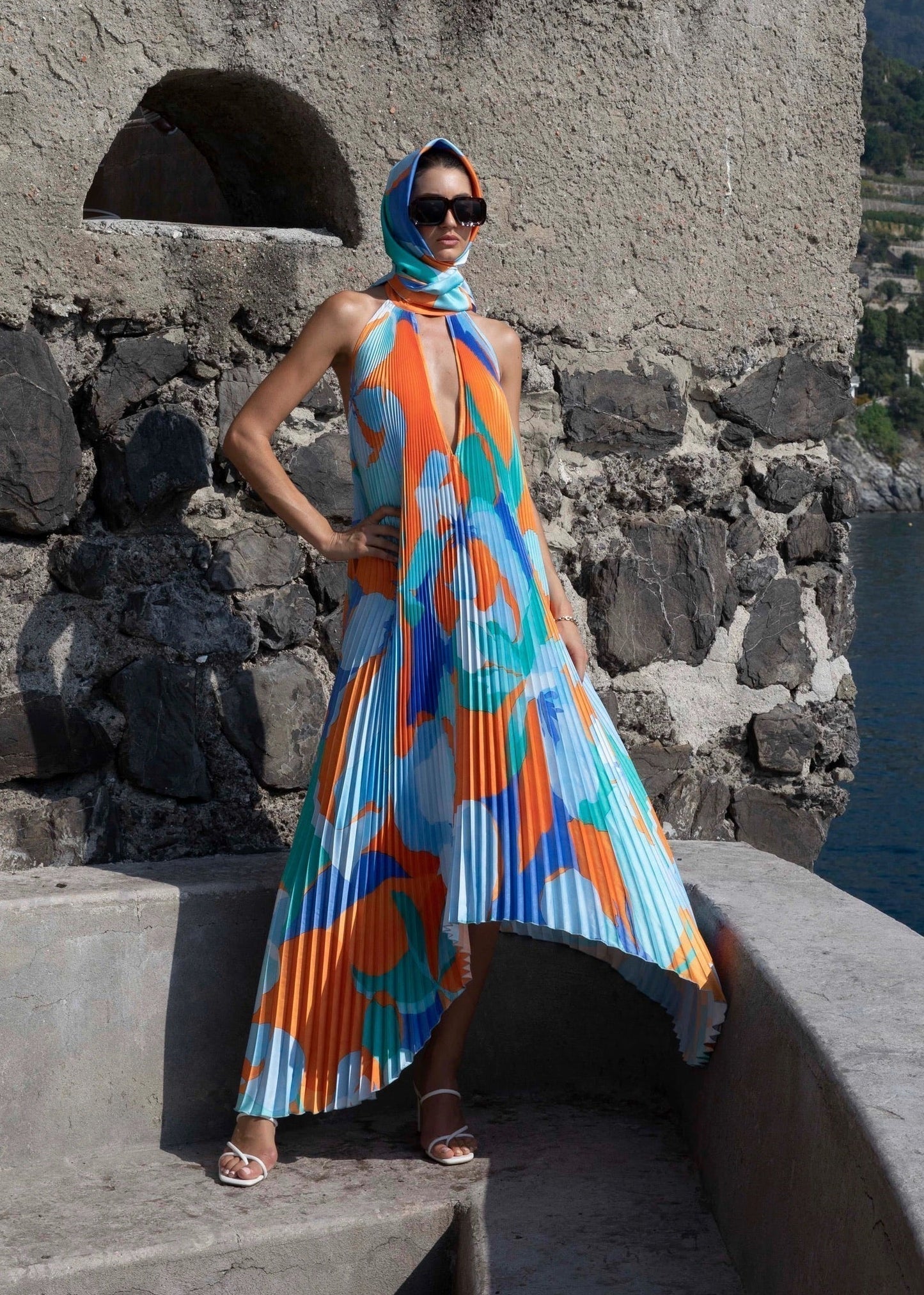 Women’s Maxi Dress with Pleated Halterneck and Asymmetric Handkerchief Hem