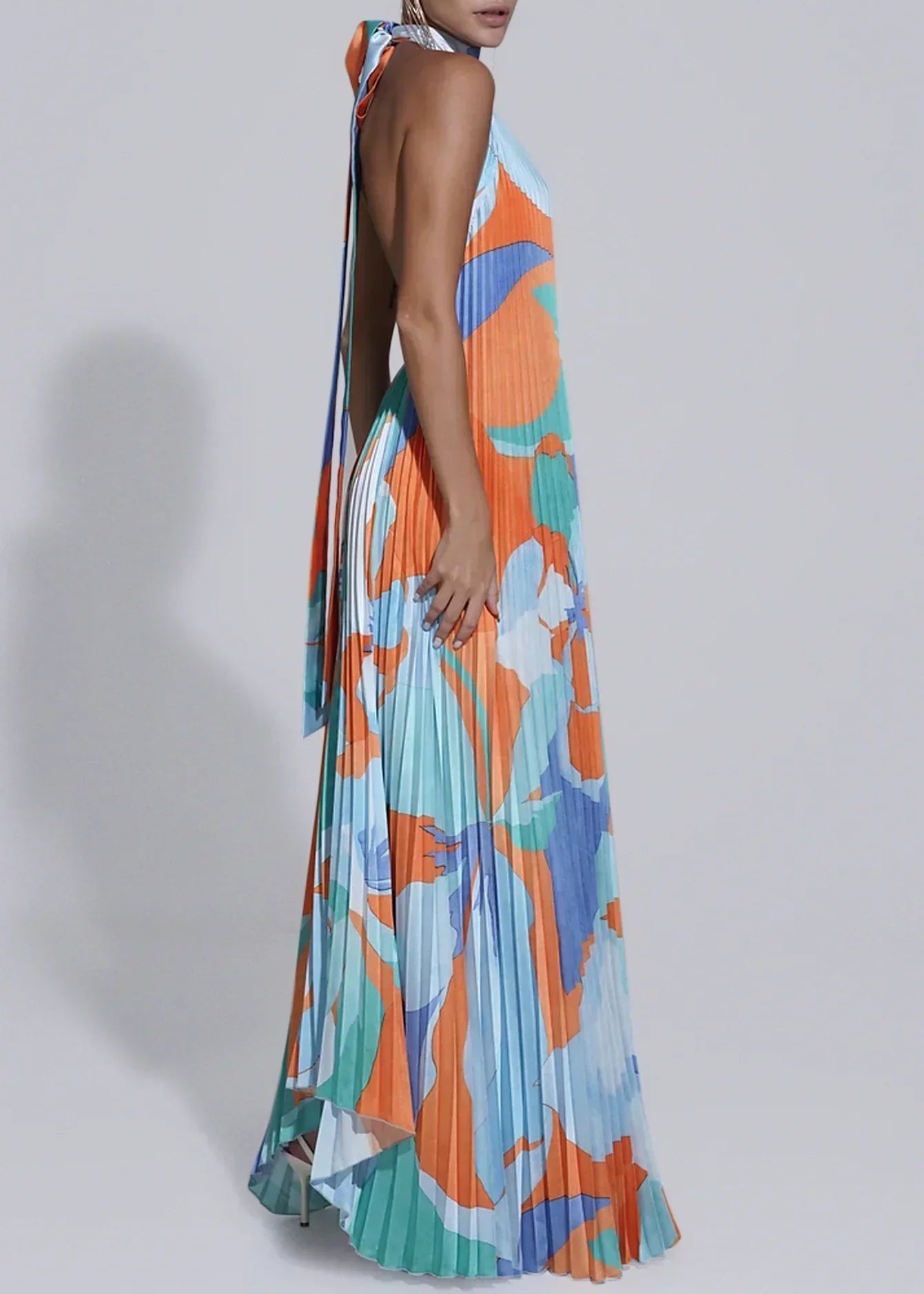 Women’s Maxi Dress with Pleated Halterneck and Asymmetric Handkerchief Hem