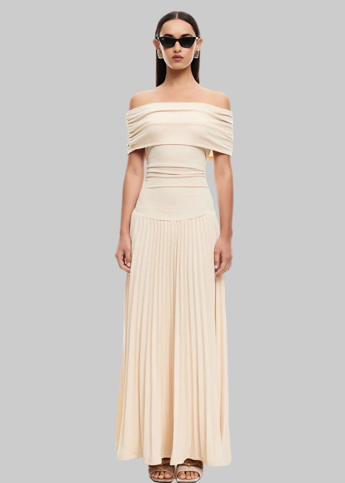 Women’s Maxi Dress with Off-Shoulder Draped Bodice and Pleated Skirt