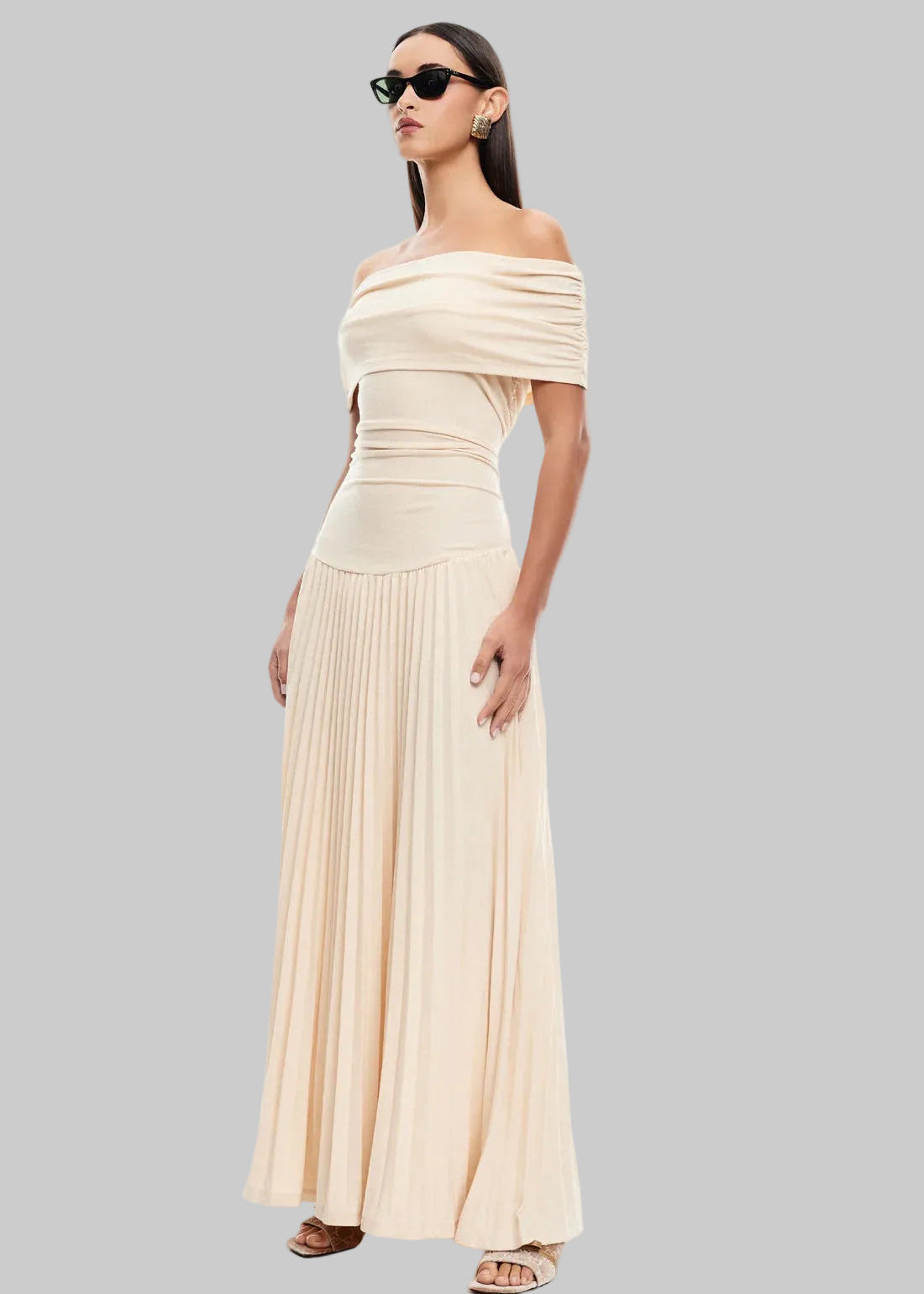 Women’s Maxi Dress with Off-Shoulder Draped Bodice and Pleated Skirt