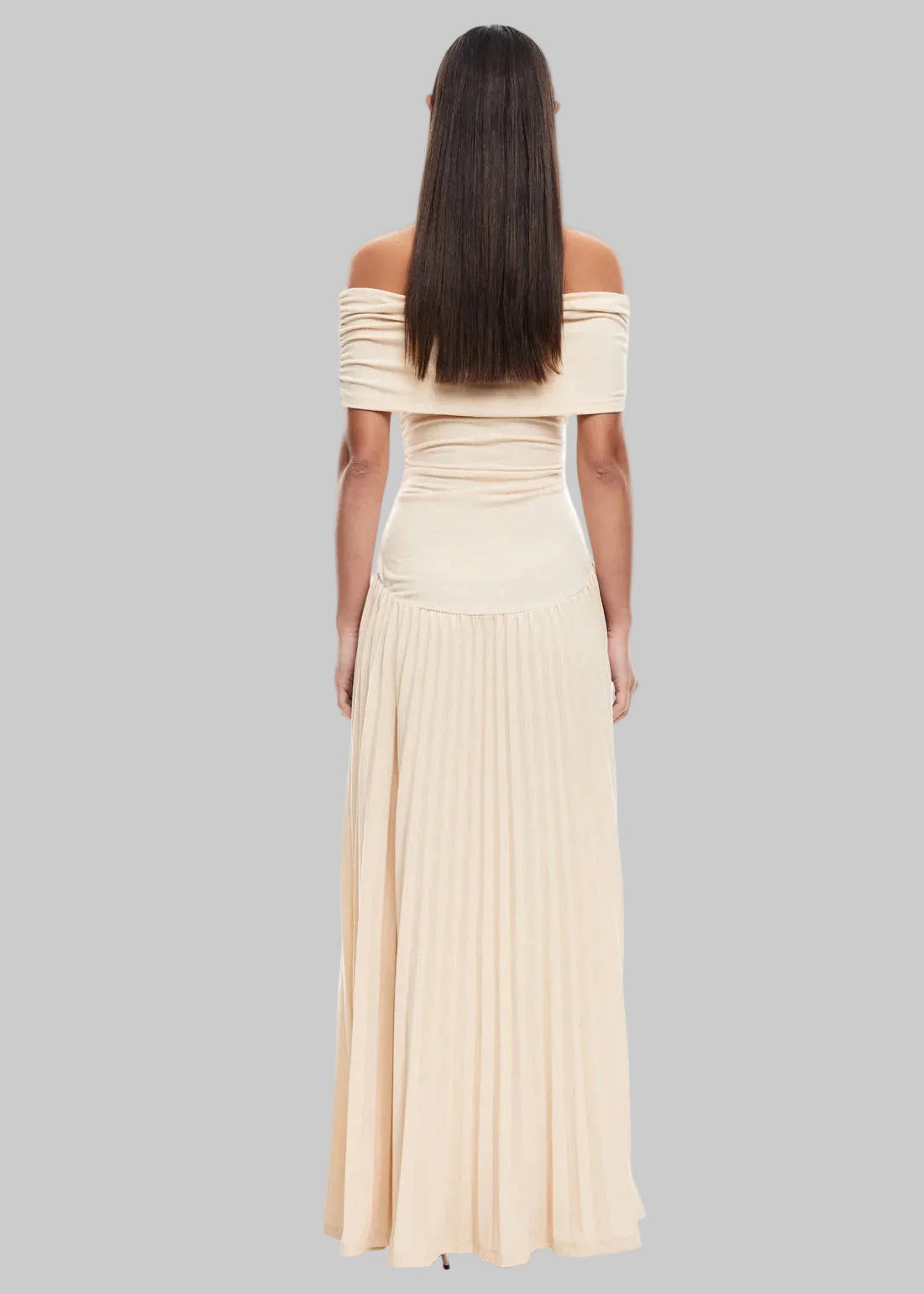 Women’s Maxi Dress with Off-Shoulder Draped Bodice and Pleated Skirt