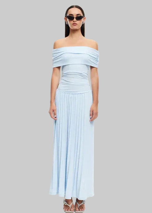 Women’s Maxi Dress with Off-Shoulder Draped Bodice and Pleated Skirt